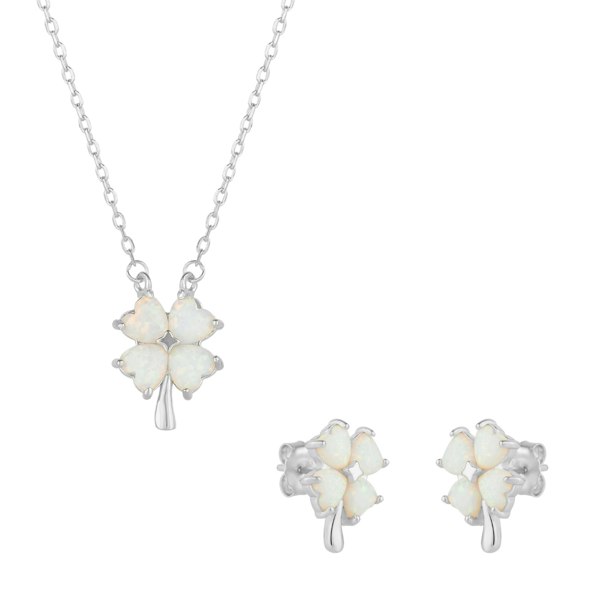 Spero London White Opal Four Leaf Clover Sterling Silver Necklace & Earring Set