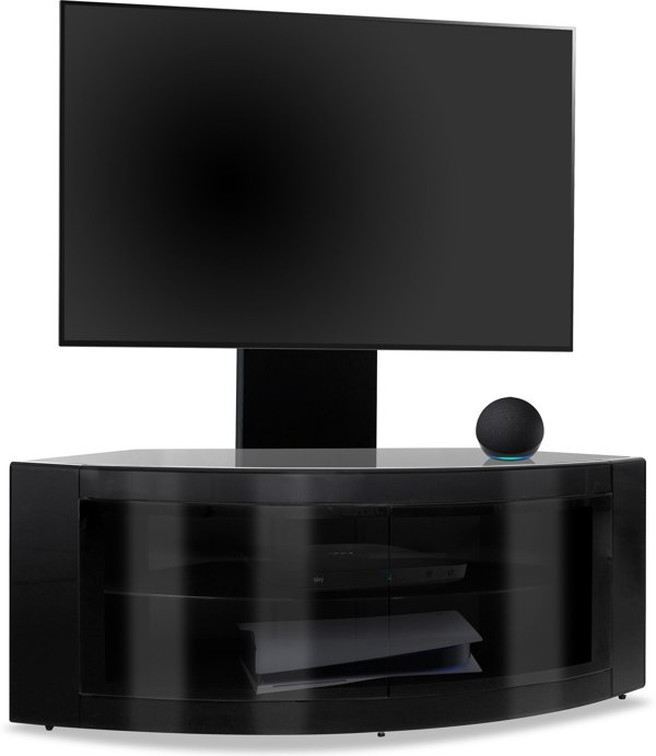 Centurion Supports PANGEA Gloss Black Beam-Thru Curved True-Corner 32"-50" TV Cabinet with Mounting Arm