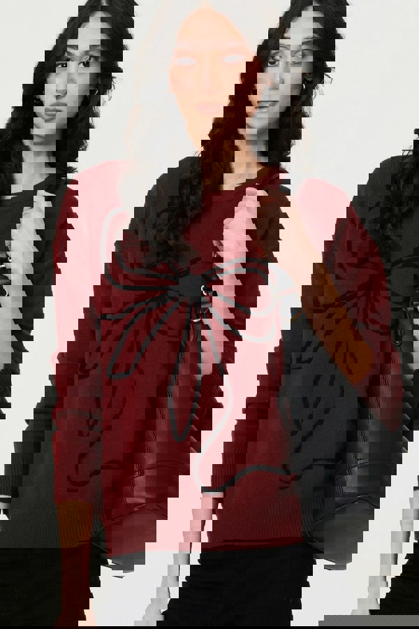 Burgundy | Bow Embellished Drop Shoulder Knit Jumper