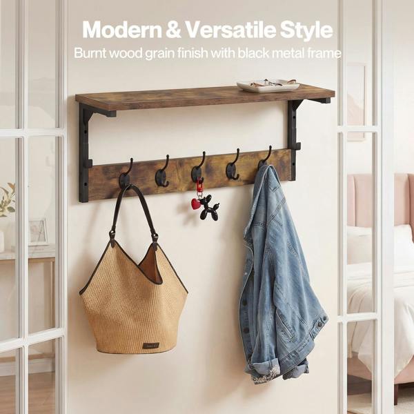 Levede Coat Rack Wall Mounted Shelf 7 Hooks Heavy Duty Entryway Storage Brown