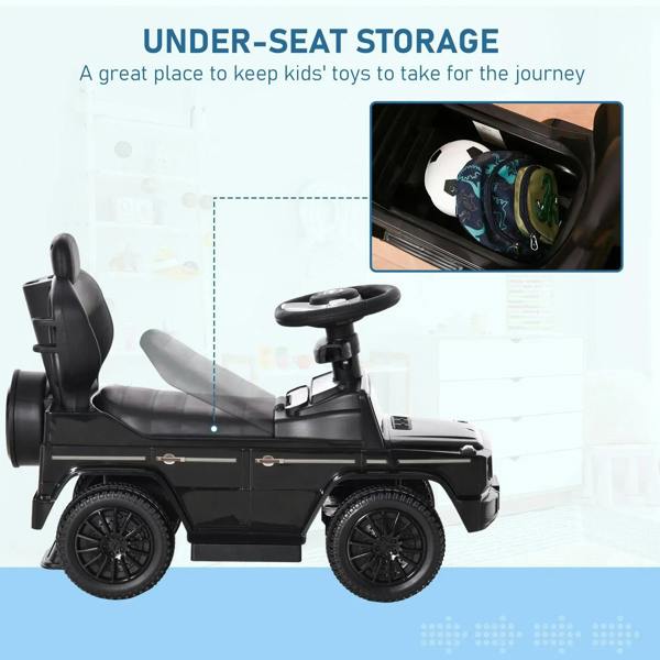 Black kids ride-on push car with under-seat storage compartment