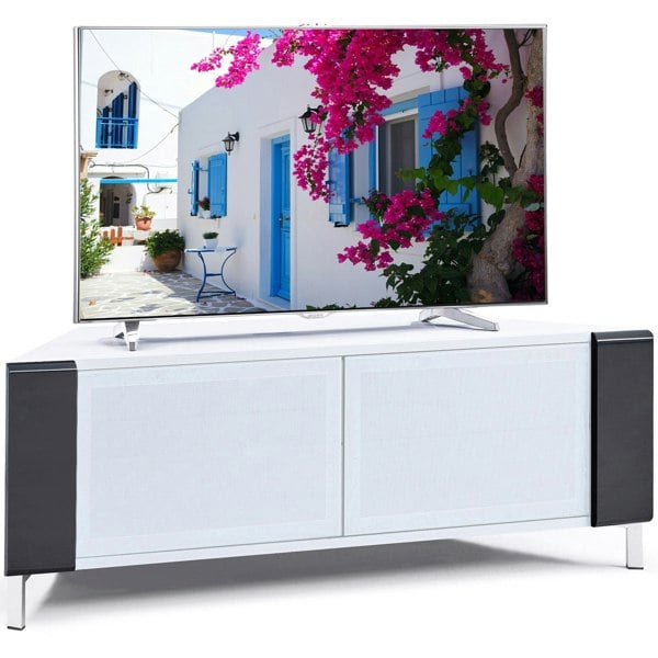 MDA Designs CORVUS Corner-Friendly Gloss White Contemporary Cabinet with Black Profiles White BeamThru Glass Doors for Flat Screen TVs up to 50"