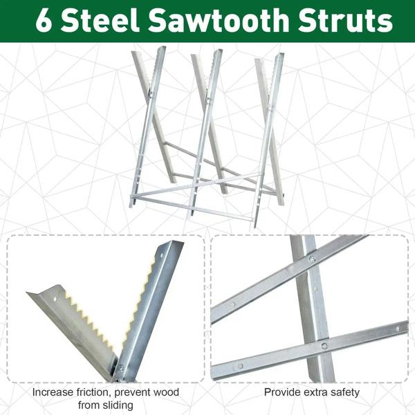 Silver sawhorse stand with multiple steel sawtooth struts and stable cross brace