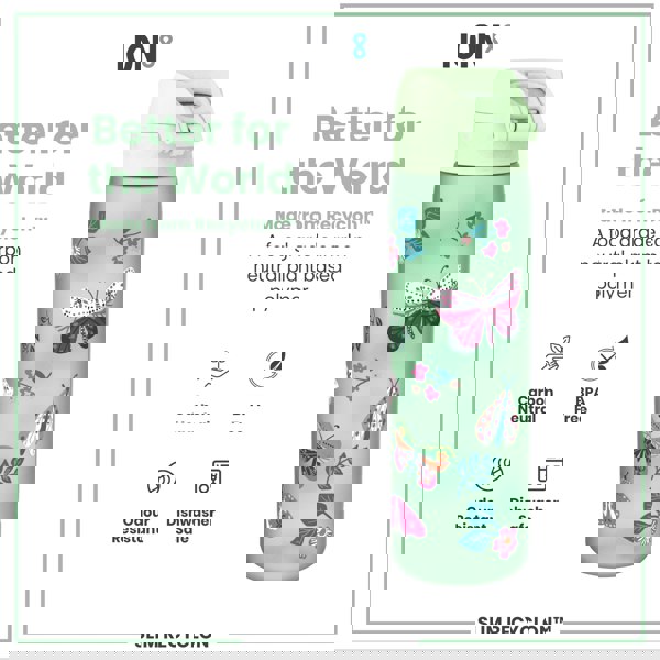 A light-green water bottle, adorned with butterflies and flowers, sits against a white background. It is made from a plant-based polymer and is BPA-free, odour-resistant, and dishwasher-safe. The bottle is marketed as "Better for the World."