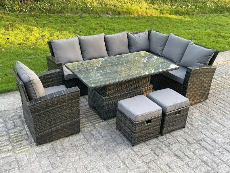 Fimous 9-Seater Rattan Corner Sofa Dining Set | High Back, Adjustable Rising Table - Dark Grey