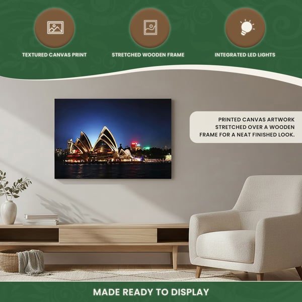 Sydney Opera House Print LED Canvas, 60 x 40 cm, Stretched Wooden Frame, 8 LED Lights, Battery Powered with Switch