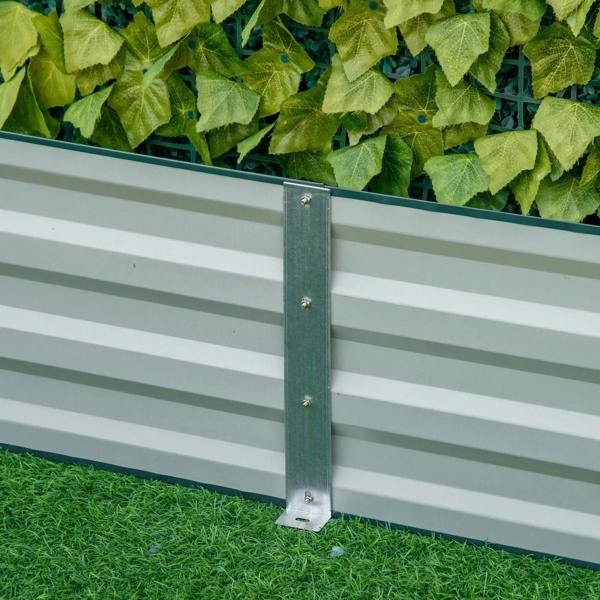 Green metal raised garden bed corner post with screws and support bracket