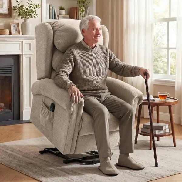 Velvet-Feel Electric Riser Recliner Chair - Khaki - Khaki