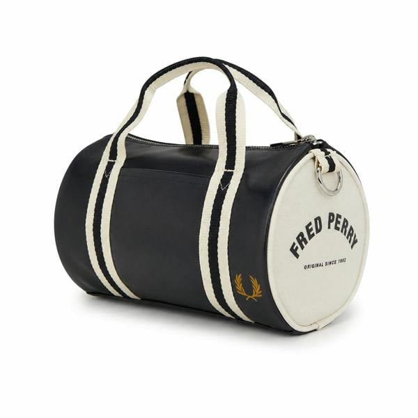 Fred Perry Classic Mini Barrel Bag in black and ecru with striped handles and logo.