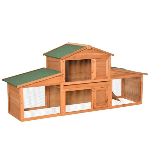Wooden rabbit hutch with run, green roof panels, wire mesh doors and windows