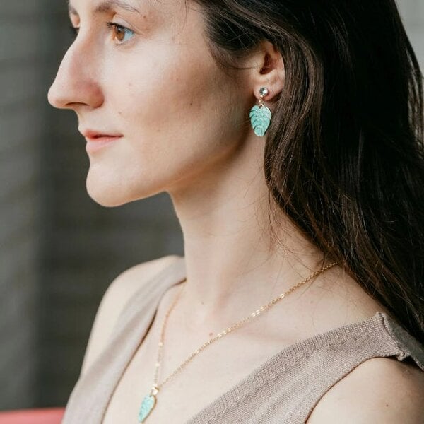 The Colourful Aura Green Tropical Feather Leaf Zircon Charm Dangle Drop Stud Statement Earrings