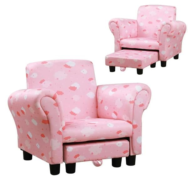 Kids pink cloud-pattern armchair with pull-out ottoman and armrests