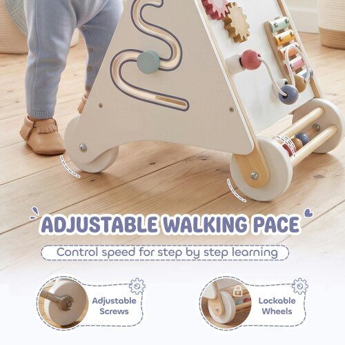 AIYAPLAY Wooden Baby Walker, Adjustable Speed for Toddlers 1.5-3Y, White