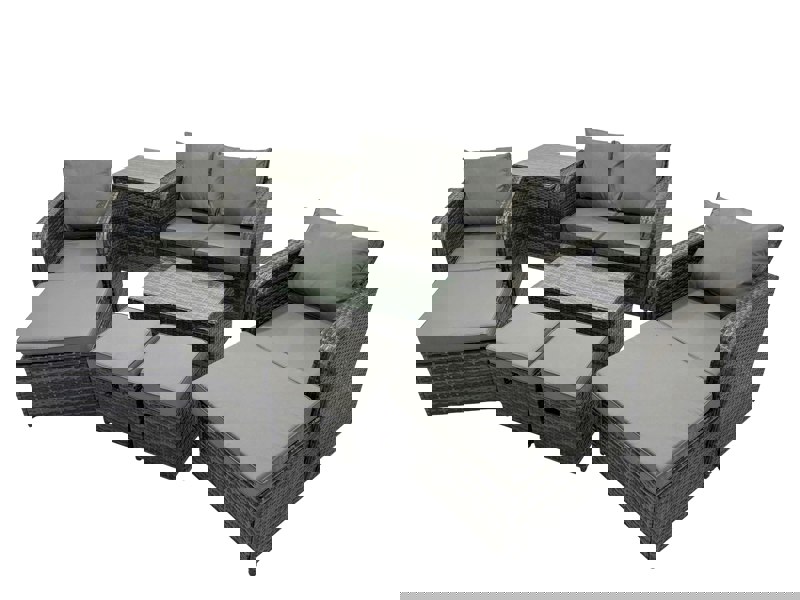 Fimous Outdoor Love Sofa Reclining Chair Coffee Table Set Garden Rattan Furniture Set 8 Seater with 4 Stools Side Table Dark Grey