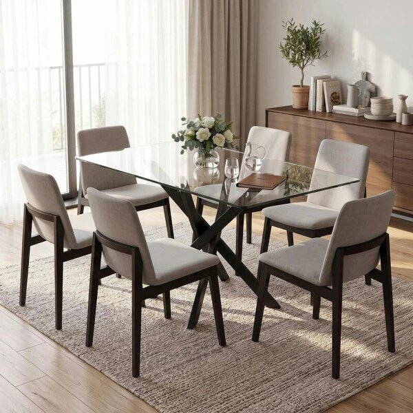 Rectangular Dining Table for 6 People, 120cm Modern Kitchen Table with Tempered Glass Top and Cross Steel Legs, Clear