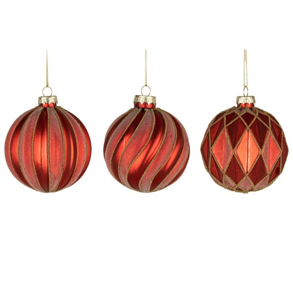 Shatchi 8cm Red Glass Christmas Baubles, 12 Pack with Assorted Festive Designs for Tree Decoration