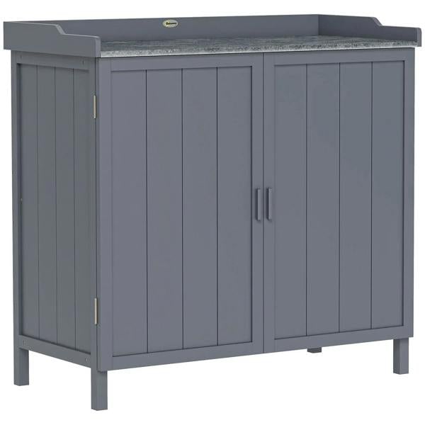 Grey outdoor storage cabinet with hinged doors and galvanized metal top
