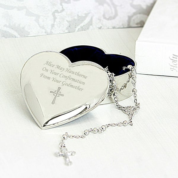Personalised Memento Company Personalised Rosary Beads and Cross Heart Trinket Box