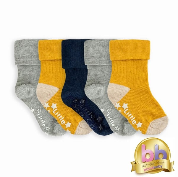 Little Sock Co. Non-Slip + Stay On Baby and Toddler Socks - 5 Pack in Navy, Mustard & Grey Marl