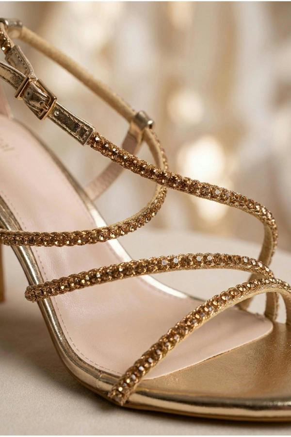 Zinnia Gold Rhinestone Embellished Strappy Sandals - Gold