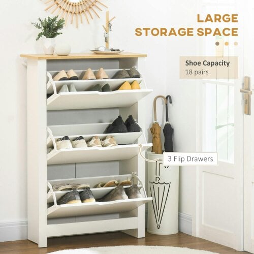 Wyld Haus Rokeha Wooden White and Natural Narrow Shoe Cupboard With 3 Flip Drawers For 18 Pairs