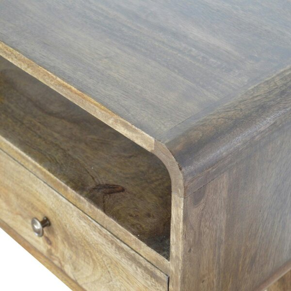 Wyld Haus Trapani Curved Grey Washed Mango Wood Console Table 2 Drawers Open Shelf