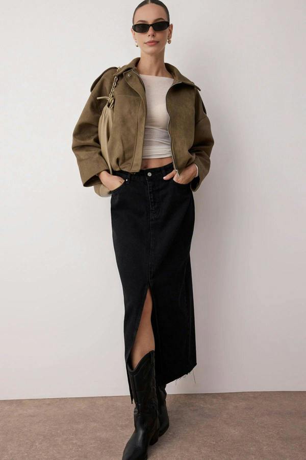 WOVCOR Slit Maxi Denim Skirt
