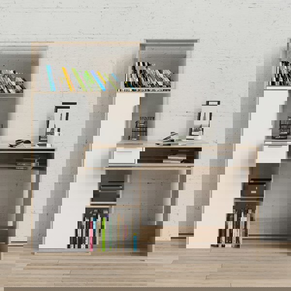 Furniture To Go Function Plus Desk Multi-Functional Desk with Drawer and 1 Door in White and Oak