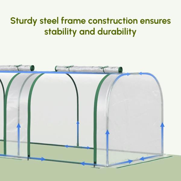 Clear PVC tunnel greenhouse with green steel frame, arched structure with reinforced bars