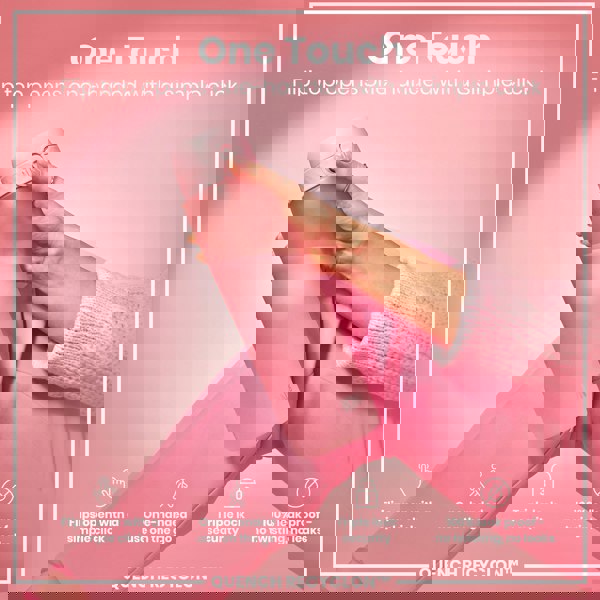 A pink water bottle is being held; its flip top opens one-handed. The bottle is shown against a pink background; text highlights its features: “One Touch,” “Flips open with a simple click,” “One-handed use on the go,” “Triple lock security,” “100% leak proof - no twisting, no leaks,” and “QUENCH RECYCLON™”.