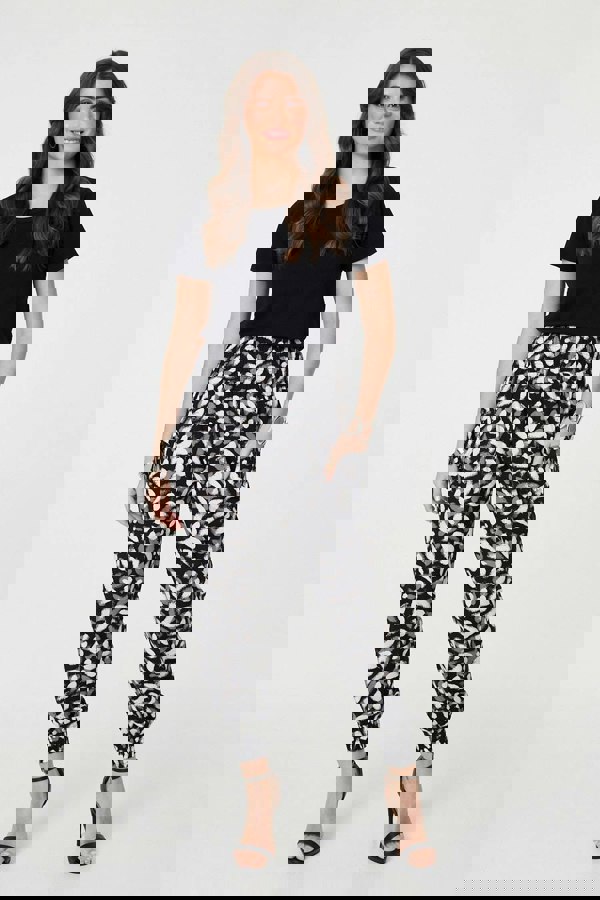 Black | Feather Print Harem Pants with Pockets