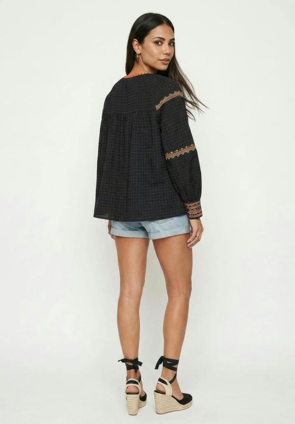 Raffya Shilo Embroidered Collarless Blouse In Black
