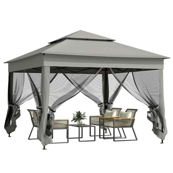 Dark grey double-roof pop up gazebo with mesh side curtains and open front
