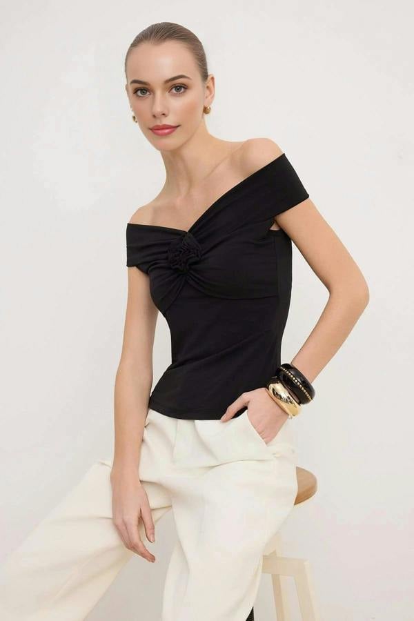 WOVCOR Fitted Stretch Knit Blouse with Rose Detail