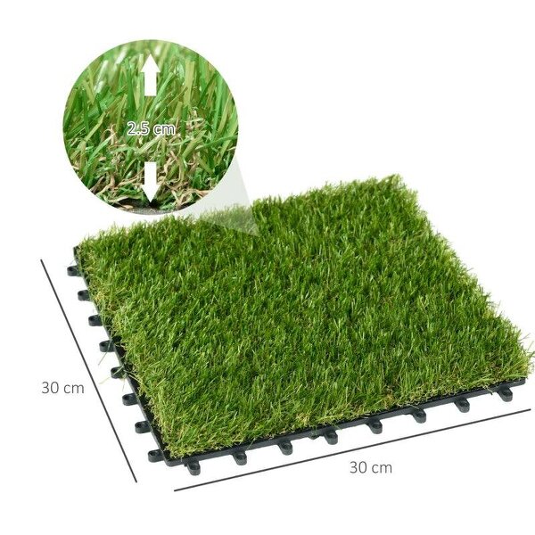10-Piece Artificial Grass Set, Weatherproof Turf Tiles, 25mm Pile Height, Outdoor Carpet for Garden, Balcony & Patio, 30 x 30cm, Dark Green