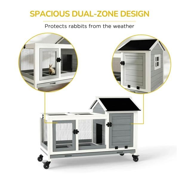 Grey wooden rabbit hutch with dual-zone layout, hinged roof, wire mesh doors, on wheels