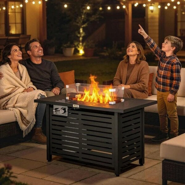 Bobobiy Propane Gas Fire Pit Table, Outdoor Firepit with 43" Steel Tabletop and Lid, 000 BTU Pulse Ignition Fire Table with Stainless Steel Burner - Black