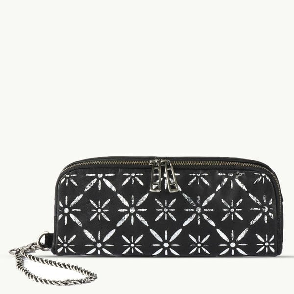 Assots London 'HOLBORN' Metallic Silver and Black Floral Designer Leather Clutch Bag