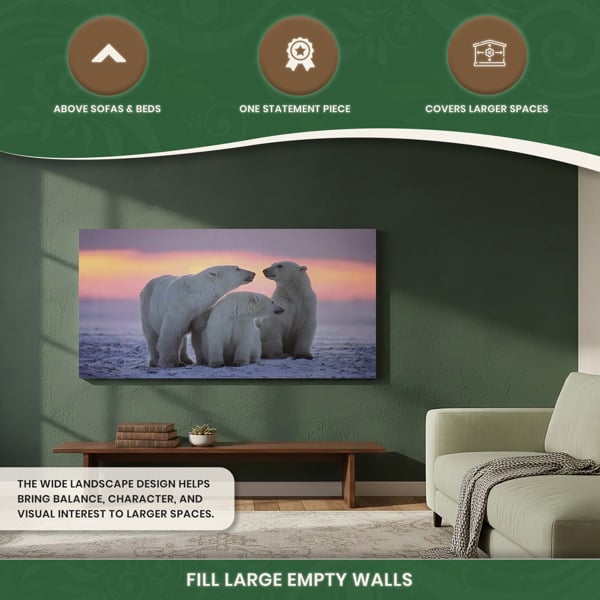 Large 3 Polar Bears Canvas Print, Black and White Wildlife Wall Art, 100 x 50 cm, Stretched Canvas on Wooden Frame