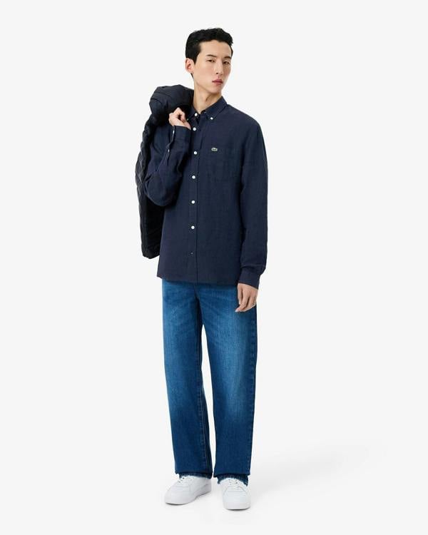Lacoste Regular Fit Long Sleeve Mens Linen Shirt - Navy Blue 166 | CHO | Designer Mens Long Sleeve Shirts
