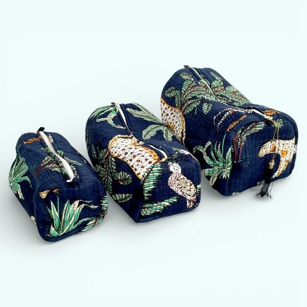Hayley & Co Jungle Print Cotton Washbag, Make Up Bag, Pencil Case with Waterproof Lining - Jungle Animal Print in Navy Blue
