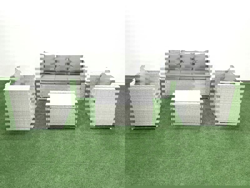 Fimous Rattan Garden Furniture Set with 3 Seater Sofa 2 Chair Rectangular Coffee Table Light Grey Mixed 5 Seater