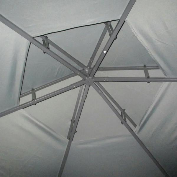 Inside view of grey hexagon gazebo canopy showing steel support frame and roof fabric