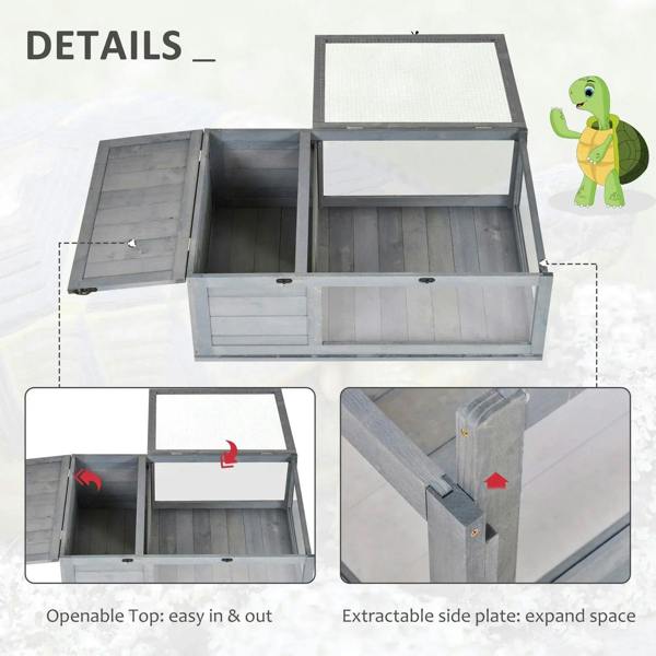 Grey wooden reptile enclosure with operable open top and two internal compartments