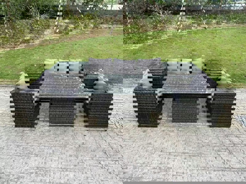 Fimous Rattan Garden Furniture Sofa Set Outdoor Adjustable Rising Lifting Dining Table Set with 2 Armchairs 2 Side Tables Dark Grey Mixed