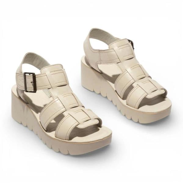 Fly London YUDD236FLY - Women’s Off White Leather Wedge Sandals