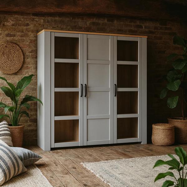 Wyld Haus Bohol 3 Door Large Display Cabinet in Riviera Oak/White
