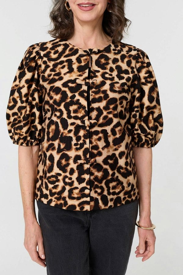 Beige | Animal Print Bow Front Puff Sleeve Shirt
