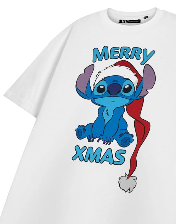 Disney Lilo & Stitch Womens White Merry Xmas Short Sleeved T-Shirt