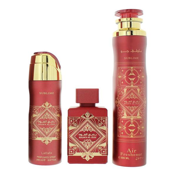 Lattafa Bade'e Al Oud Sublime Eau de Parfum 100ml, Air Freshener 300ml + Body Spray 200ml Gift Set